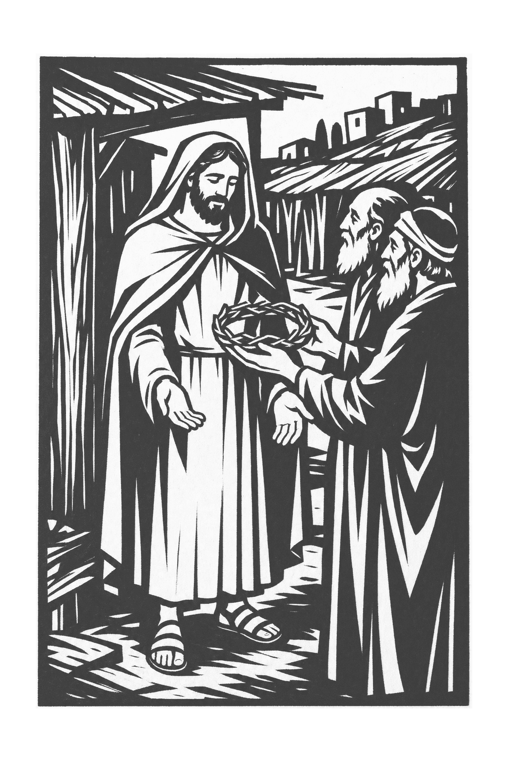 Numa offered the crown of Rome in dramatic black-and-white woodcut