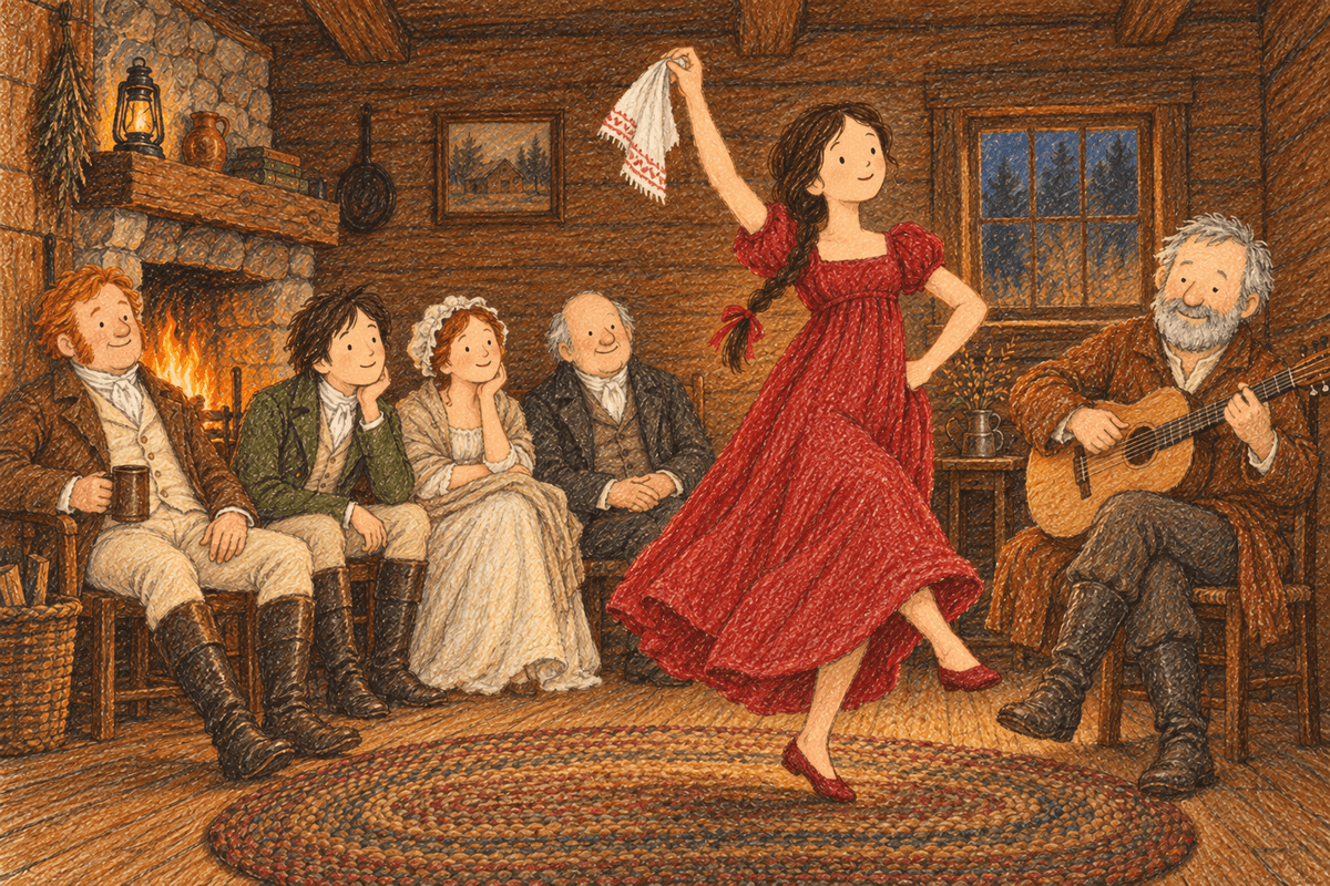 Natasha in a red dress dances with a white handkerchief raised while her uncle plays the guitar and her family watches, in soft crayon
